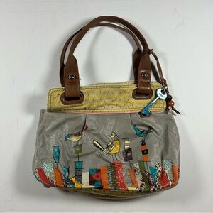 Rare FOSSIL Key-Per Coated Canvas City Birds Artwork Bag Cross Body Boho Purse